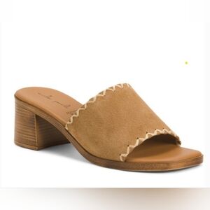 Mila Paoli Camel Suede Open-Toe Block Heel Mule